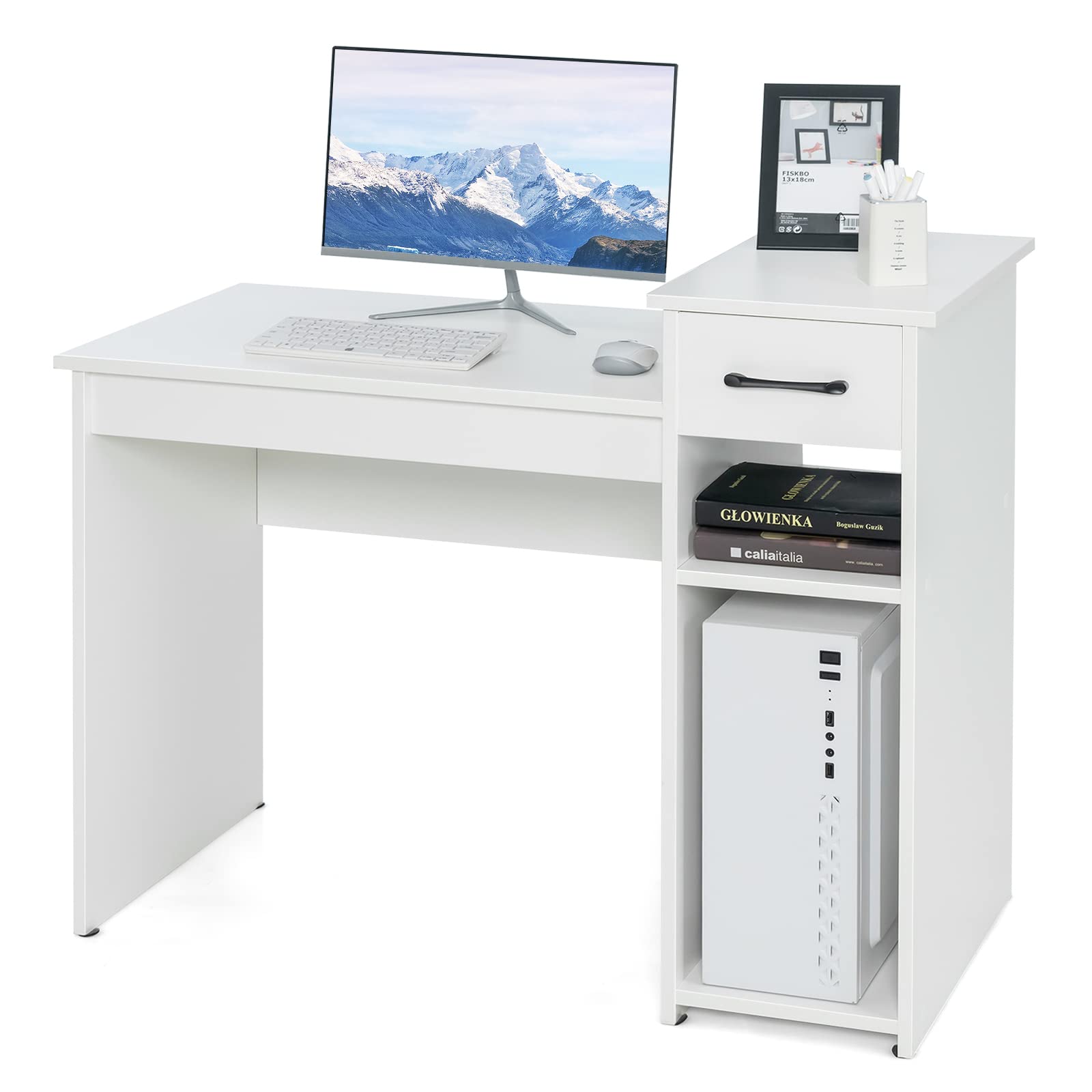 Tangkula White Desk with Drawer & CPU Stand